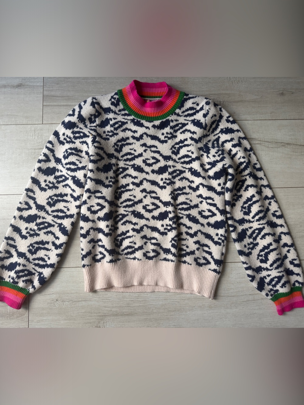 Cream Sweater with Navy Animal Print and Pink & Green Trim
